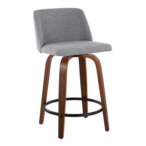 English Elm Toriano Mid-Century Counter Stool Set of 2 — 24" Fixed-Height Swivel Upholstered Seat, Walnut Finish Grey B202S00096