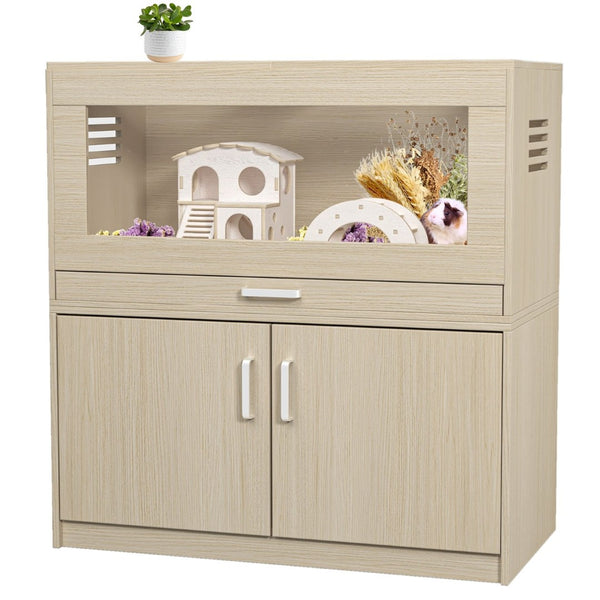 English Elm Guinea Pig Solid Wood Habitat with Acrylic View Panel and Built in Storage Cabinet W1850P168639