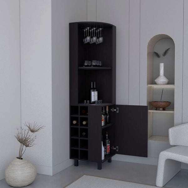 English Elm Kaia Tall Corner Bar Cabinet White Finish Wine Cubbies Stemware Rack Storage B200S00418