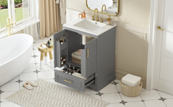 English Elm 24"bathroom Vanity Freestanding Gray Mdf Ceramic Sink Soft Close Storage Cabinet N729P321378E