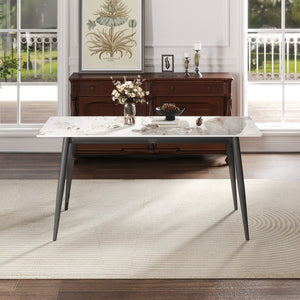 English Elm 62.99" Modern Artificial Stone Dining Table For 6 - Sleek White Top With Dark Grey Metal Legs W1535S00505