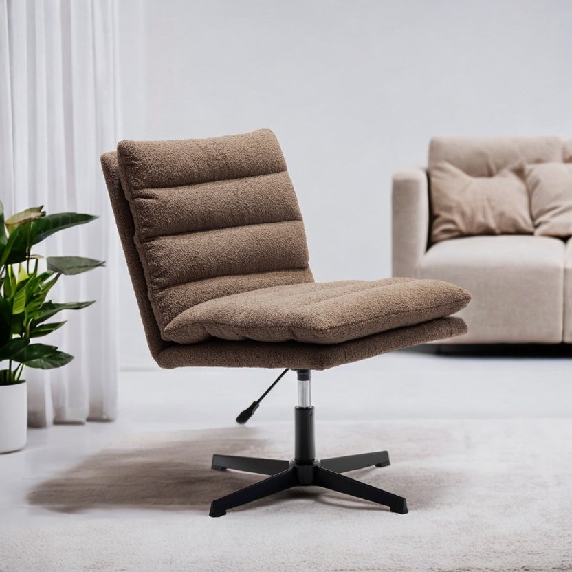 English Elm Brown Teddy Fabric Swivel Accent Chair — Plush Mid-Century Lounge Seat, Wide Curved Back Comfort W1164P239089