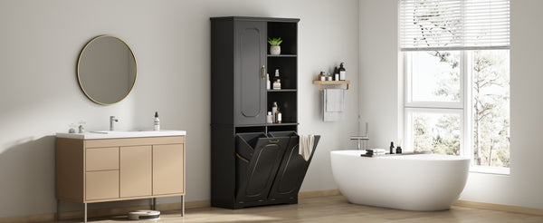 English Elm [video] Freestanding 68 Inch Tall Storage Cabinet with Tilt Out Hampers and Soft Close Door Black N759S427900B