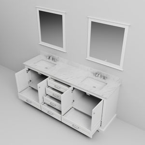 English Elm White Double Bath Vanity With Carrara Marble Top, Chrome Faucet, And Elegant 30" Mirrors Included B2731S01029-GIGA