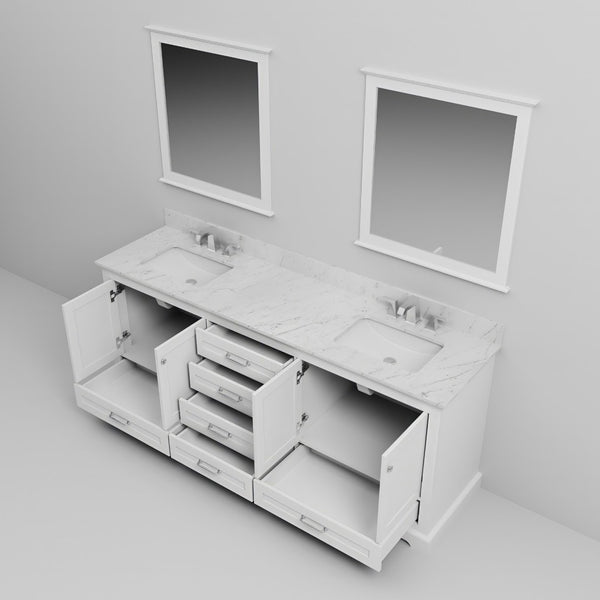 English Elm White Double Bath Vanity With Carrara Marble Top, Chrome Faucet, And Elegant 30" Mirrors Included B2731S01029-GIGA