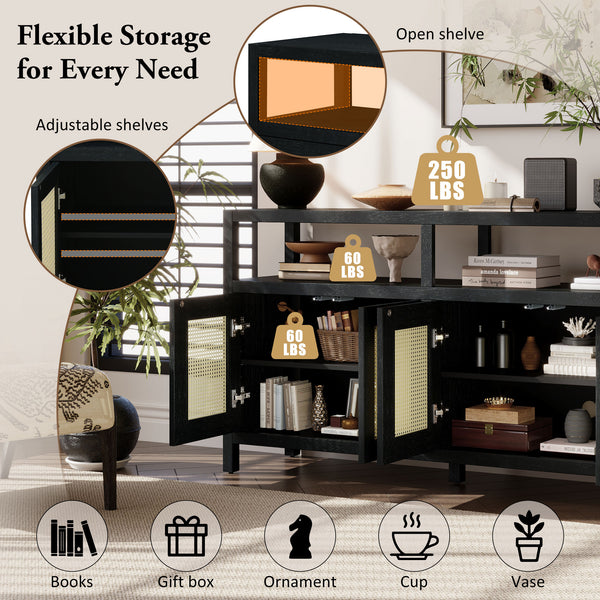 English Elm TREXM Bohemian Rattan Buffet Sideboard with Solid Wood Frame, Adjustable Shelves & Cord Management Black N715P290093B