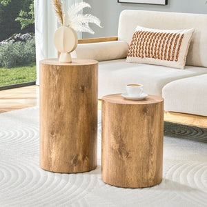 English Elm Modern Minimalist Wood Cylinder Coffee Table Set of 2 — Marble-Pattern MDF, Multi-Size, No Assembly Needed W1151S04196