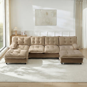 English Elm 138" U-shaped Chenille Cloud Sectional with Ottomans Deep Seat Modular Living Room Sofa Light Coffee W714S01716