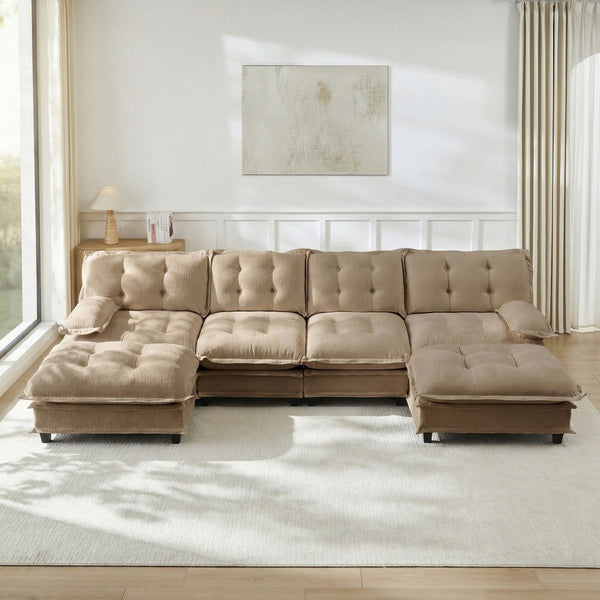 English Elm 138" U-shaped Chenille Cloud Sectional with Ottomans Deep Seat Modular Living Room Sofa Light Coffee W714S01716