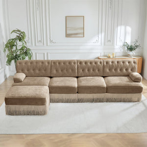 English Elm 135" Chesterfield Velvet Sectional with Tufted Back Tassel Skirt and Modular Living Room Design Camel W714S01700