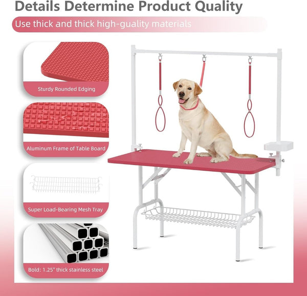 English Elm 47'' Foldable Dog Grooming Table X-lift Adjustable Height Station with Arm Noose Organizer Pink W3587P358729