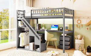 English Elm Twin Loft Bed with Staircase Desk Dual Drawers and Led Strip for Kids Rooms Gray LT000257AAE-1