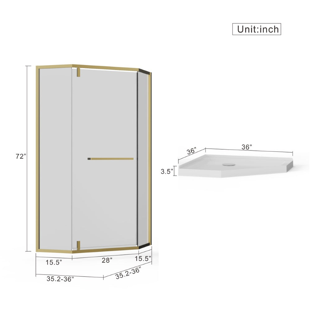 English Elm Goodyo Neo-angle Corner Shower Enclosure Gold Frame Tempered Glass with Acrylic Base W1223S00042
