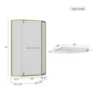 English Elm Goodyo Neo-angle Corner Shower Enclosure Gold Frame Tempered Glass with Acrylic Base W1223S00042