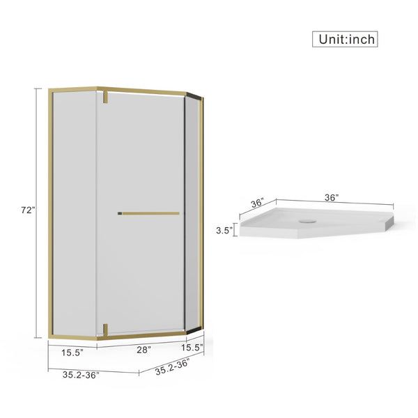 English Elm Goodyo Neo-angle Corner Shower Enclosure Gold Frame Tempered Glass with Acrylic Base W1223S00042