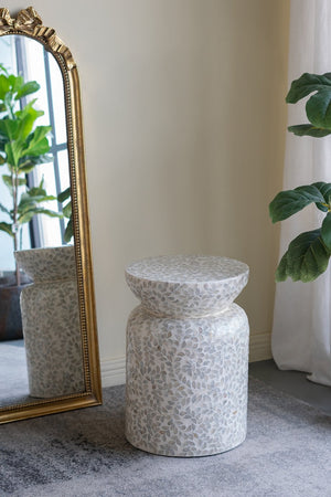 English Elm 14x14x20" Decorative Drum Stool with Starburst Capiz Shell Inlay for Elegant Living Rooms White W2078P326590