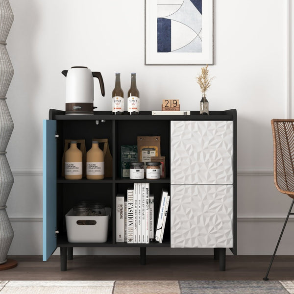 English Elm Sideboard Buffet Cabinet – Modern Black & Red Storage With 2 Drawers, Open Shelves For Stylish Organization W409P176583-GIGA