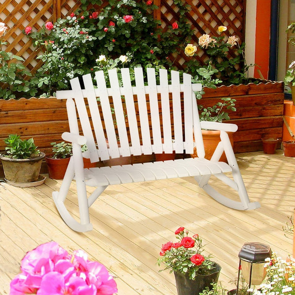 English Elm Outsunny Double Adirondack Rocking Chair For Two - Rustic White Wooden Seat For Patio & Garden Relaxation W2225P229739-GIGA