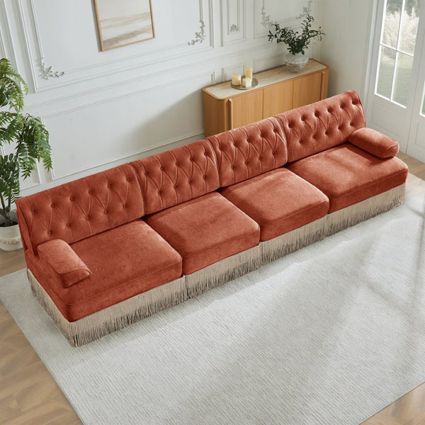 English Elm 135" Modular Chesterfield Sectional Sofa Velvet Tufted Tassel Skirt Lounge Seating Red+Brown W714S01725