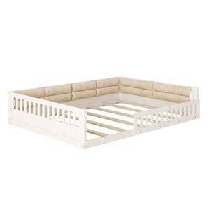 English Elm Wood Full Size Upholstered Platform Bed with Guardrail and Head Pillow, Sleek Silhouette, Sturdy 600lb Capacity Beige WF323090AAA