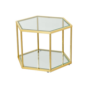 English Elm 1+2 Gold Stainless Steel Coffee Table Set with Double-Layer Tempered Glass, Polygonal Modern Accent W2723S00040