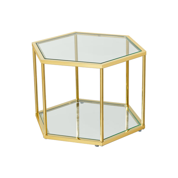English Elm 1+2 Gold Stainless Steel Coffee Table Set with Double-Layer Tempered Glass, Polygonal Modern Accent W2723S00040