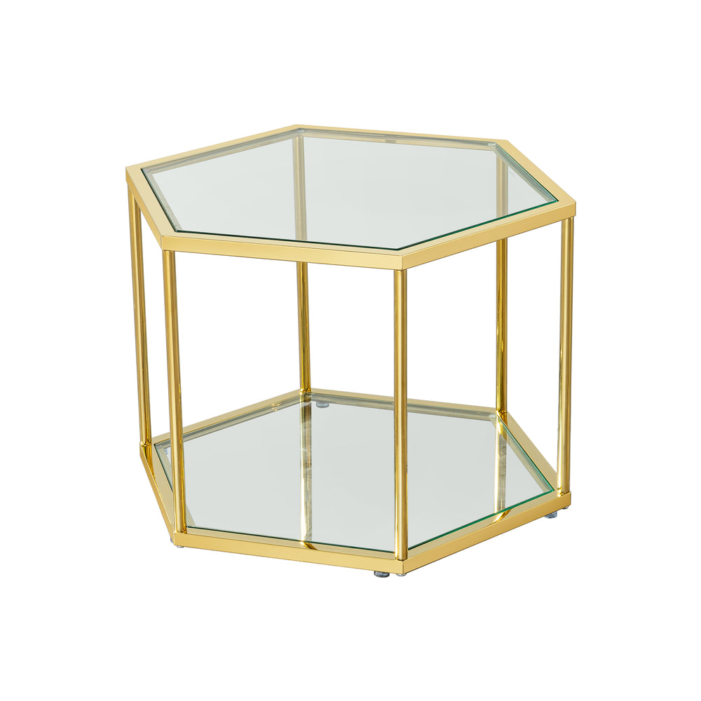 English Elm 1+4 Gold Stainless Steel Coffee Table with Double-Layer Tempered Glass, Polygonal Modern Accent W2723S00042