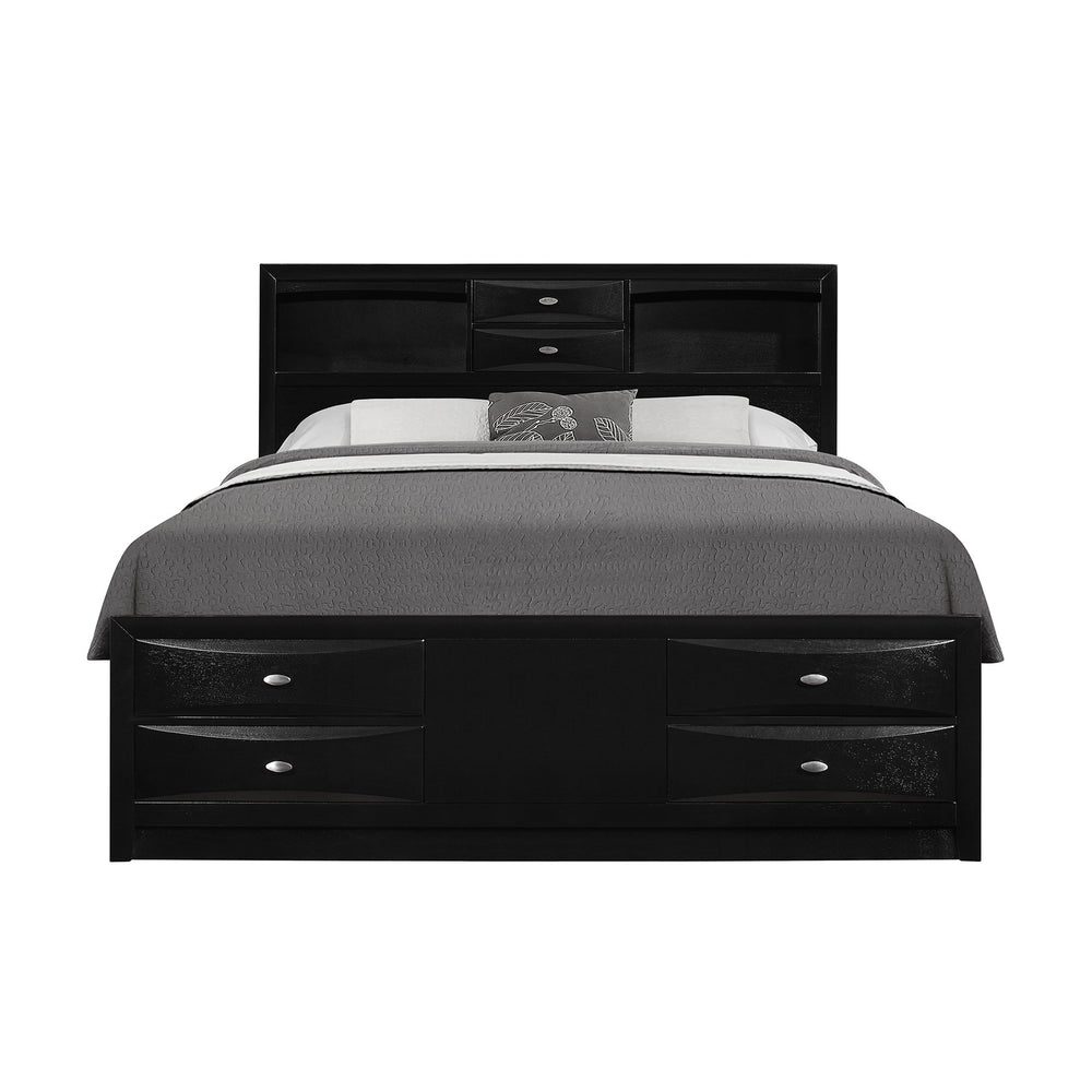 English Elm LUCILLE full bed with built-in bookcase headboard, 6 under-bed storage drawers, slatted base Black 59.02 L x 14.61 W x 33.94 H B201S00264