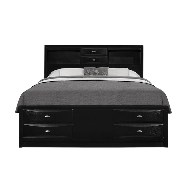 English Elm LUCILLE full bed with built-in bookcase headboard, 6 under-bed storage drawers, slatted base Black 59.02 L x 14.61 W x 33.94 H B201S00264