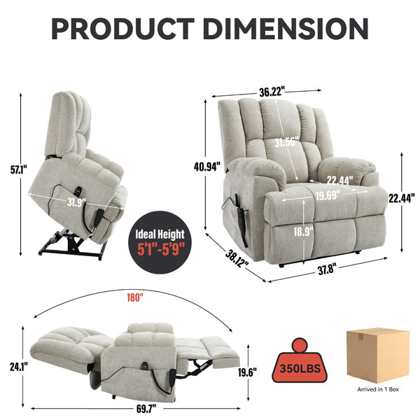 English Elm Dual Motor Power Lift Recliner Chenille Chair with Massage Heat and Infinite Positions Beige W3224P288434