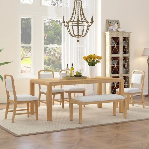 English Elm Trexm Rustic Oak Extendable Dining Set with Upholstered Chairs Bench Seats 6 Natural ST000154AAN