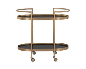 Sunpan Koen Bar Cart - Elegant Black Mirrored Shelves with Antique Brass Frame, Handcrafted Luxury Design