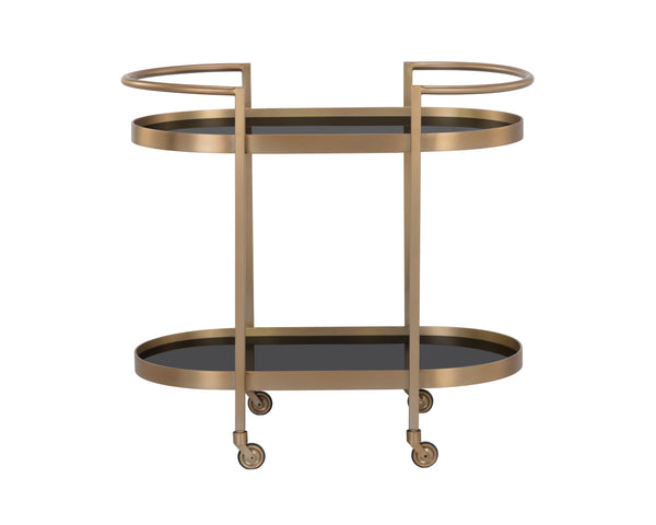 Sunpan Koen Bar Cart - Elegant Black Mirrored Shelves with Antique Brass Frame, Handcrafted Luxury Design