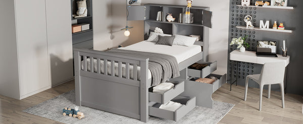English Elm Twin Captain Platform Bed with Bookcase Headboard Four Drawers Pine Mdf Frame Gray GX001828AAE-1
