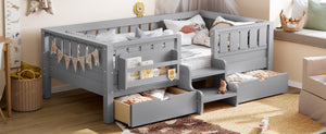 English Elm Twin Kids Storage Bed with Bookshelf Headboard Safety Staircase and Under Drawers Gray W1580P379185