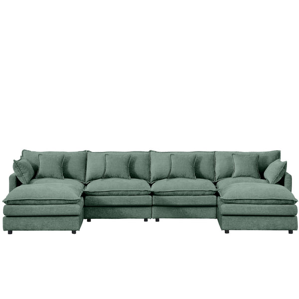 English Elm Modular U-Shaped Sectional Sofa, 130.7" Mint Green Chenille Couch Set With Versatile Ottomans W1359S00042