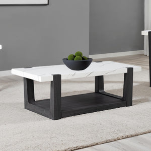 English Elm Modern 3pc Table Set with Faux Marble Tops and Two-Tone Finish, Sleek Contemporary Sofa Coffee End Tables 48" Black,White 52 L x 30 W x 11 H B2741S00693
