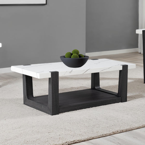 English Elm Modern 3pc Table Set with Faux Marble Tops and Two-Tone Finish, Sleek Contemporary Sofa Coffee End Tables 48" Black,White 52 L x 30 W x 11 H B2741S00693