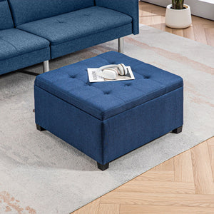 English Elm HOMCOM Tufted Fabric Storage Ottoman with Flip-Top Lid, Eucalyptus Frame, Soft Cushioned Seat, 28" Blue W2225P217743