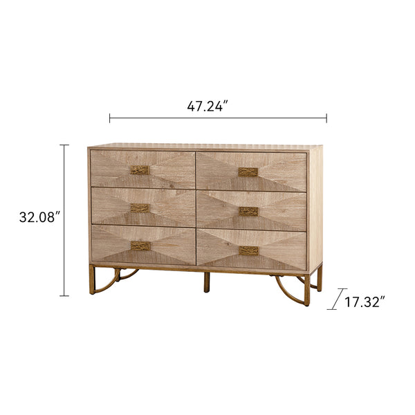 English Elm 6 Modern 6 Drawer Dresser in Natural Wood Finish — Solid Wood+MDF Fluted Drawers, TV Stand Console Storage W3158P307447