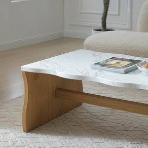 English Elm 47.24" Whisper Of Waves Modern Coffee Table - Sculptural Faux Marble Design With Warm Wood Base W2664P346444