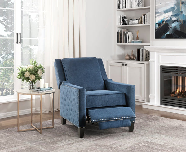 English Elm Modern Reclining Chair with Textured Upholstery, Nailhead Trim & Solid Wood Frame for Living Rooms Blue 30.75 L x 34 W x 27.25 H B011P190688
