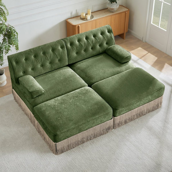 English Elm With Tufted Velvet Sectional Sofa Two Ottomans Tassel Skirt French Chesterfield Living Room Green W714S01745