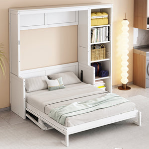 English Elm Full Murphy Bed with Storage Cabinets and Shelves, Space-Saving Wooden Wall Bed with 600lb Capacity White N7090004015K