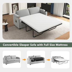 English Elm 72.8" Corduroy Sleeper Sofa Loveseat with Full Mattress, USB Charging, Cup Holders, Storage Pockets Grey N719P208880E