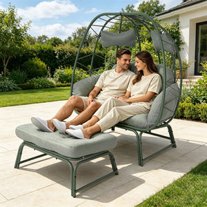 English Elm Double Egg Chair Wicker Outdoor Lounge Set with Ottoman and Weather Resistant Cushions T5880P501484