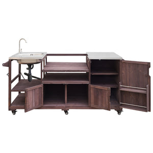 English Elm K&k Solid Fir Outdoor Kitchen Island with Sink Stainless Steel Top and Grill Cutout Brown N707S000022Z