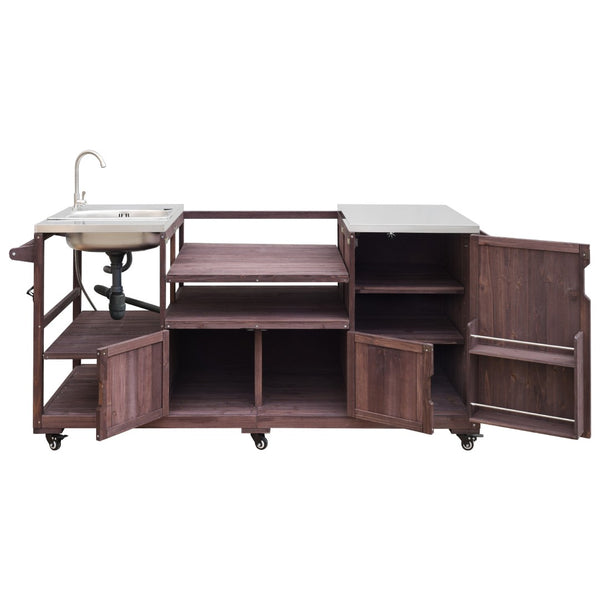 English Elm K&k Solid Fir Outdoor Kitchen Island with Sink Stainless Steel Top and Grill Cutout Brown N707S000022Z