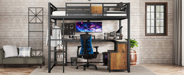English Elm Queen Loft Bed With Workspace And Storage - Heavy-Duty Metal Frame, Noise-Free Design, Stylish Black W1580S00223-GIGA