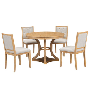 English Elm TREXM Retro 5-Piece Extendable Round-to-Oval Dining Set with Upholstered Chairs and Distressed Finish Natural ST000144AAD